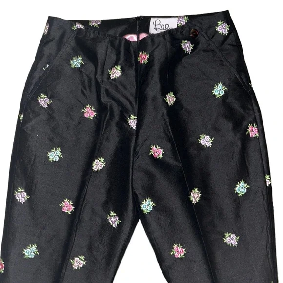 Lilly Pulitzer Vintage Black Silk Embroidered Floral Pants - 6 - Picture 2 of 8